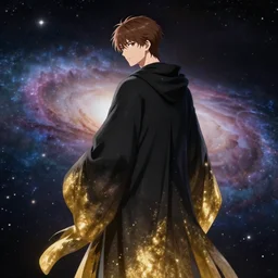 a man with with brown hair, wearing a black robe with the tips made of gold, setting in space with a galaxy in the backround, depth of field, on amino, by sakimichan patreon, wlop, weibo high quality art on artstation