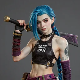 A ground breaking CGI real life representation masterpiece of Jinx, from Arcane, from League of Legends, digital art, exquisite detail, polished, post-processing, photo-shopped, low angle, octane render, unreal engine, hyper realism, cinematic, trending on ArtStation, 8k, highly detailed black ink outline, High contrast, intricate artwork by Roger Magrini, very coherent artwork