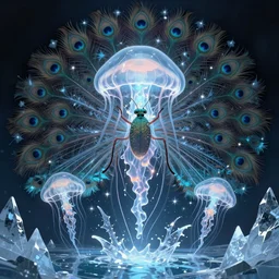 insect. intricate, centered, amazing composition by amano yoshitaka, by rembrandt, illustrious makinami, digital art, digital painting, artstation trending, unreal engine, fractal flame, transparent jellyfish, transparent feathers, bio luminescent, ice, water, peacock