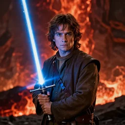 A front shot of Frodo Baggins with a blue lightsaber on Mount Doom, extreme detail, 4k movie still