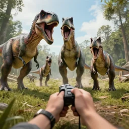 photo first person perspective, dinosaurs attacking and chasing me, professional photography, high detail, cinematic lighting
