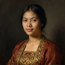 portrait of a woman from borneo in traditional costume. painting by jan van eyck, georges de la tour