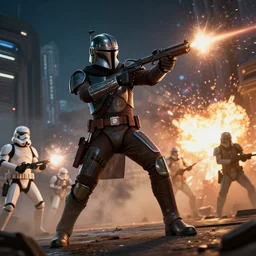 off angle beautiful full body shot film still of the Mandalorian at night in science fiction city shooting his blaster at stormtroopers, explosions, volumetric lighting, dust, smoke, fire, action pose, low angle, hard surface modeling, lens flare, J.J. Abrams , Gilbert Taylor, George Lucas, zbrush, unreal, blender, redshift, 3d model, 8k