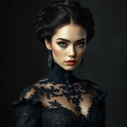 portrait of beautiful female super model, perfect symmetrical pose, sharp, by irakli nadar with intricate detailed wearing victorian dress designed by alexander mcqueen and rocky gathercole, haunting, elite, elegant, ruan jia, dark, hyper detailed, concept art, by gustav klimt