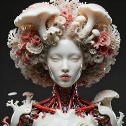 intricate hyper detailed ultra sharp focus front shot 3 d render of a beautiful porcelain ivory afro woman, close - up, f 2. 8 1 5 0 mm, sharp focus, alexandre ferra, elegant bionic cyberpunk red mechanical haute couture fractal mushroom corals, white mycelum and fungi head ornaments, octane render, volumetric cinematic lighting, 8 k,