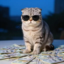 a Scottish fold cat wearing Raybans Sunglasses sitting on a pile of $100 bills, blue hour, midshot