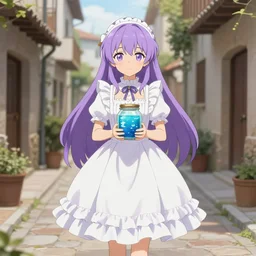 full body cute bombshell anime waifu woman with lavender hair, victorian white ruffly dress, holding jarred ocean. spanish ghibli alleyway. symmetrical face. symmetrical detailed defined eyes. isekai background style.