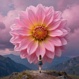 giant dahlia flower face, girl walking on mountain, surreal photography, pink storm clouds, dramatic light, impressionist painting, digital painting, artstation, simon stalenhag