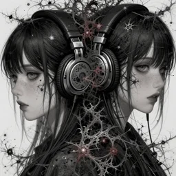 two beautiful lesbian girls in love, wearing headphones, fractal destruction, fractal motif, reality warping, desolate, gothic, in the style of anime, close - up, highly detailed face, 4 k, artstation, intricate, chaotic, brutal, esoteric, highly detailed, stylized, japanese, amazing composition