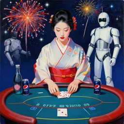 woman in a japanese kimono sitting at an extremely detailed poker table with the startrooper, sake, pepsi, on the table, fireworks and stars on the background, by andy warhol, by roy liechtestein, canvas, acrylic paint, cool color palette, masterpiece, deep colours, 4 k, ultra - hd