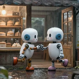 two robots falling in love with each other for the first time at an old bakery in the rain