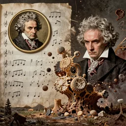a musical score by beethoven and a musical score by George Crumb combine and explode