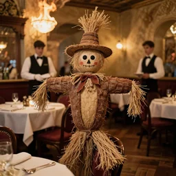 a scarecrow is sitting in a fancy restaurant. the waiter is on fire folk horror