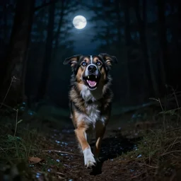 an otherworldly photo of my dog running towards me. something isn't quite right about her. her eyes glowing in the moonlight, her fangs smiling at me. nighttime photo from the woods. her howling that night seemed almost posessed... something feels demonic about her in this photo... something isn't right...