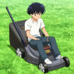 Shinji from Neon Genesis mowing the lawn.