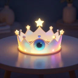 a glowing colorful minimal elegant crown sitting on a table with one beautiful eye on top of it like a jewel, one pupil in the eye, shining stars on top of the crown, night time, vast cosmos, geometric light rays exploding outwards into stars, bold black lines, flat colors, minimal psychedelic 1 9 5 0 s poster illustration