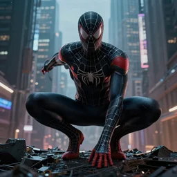 dark spiderman, cyberpunk city, by neill blomkamp director film, extreamly detailed, photorealism, photography, raytracing, 8 k, octane render, hyperrealism, perfect composition, art top in artstation, by chris labrooy, rendered in rtx, ssao, fxaa, unreal engine