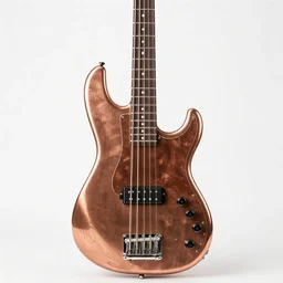 copper bass guitar, commercial catalog photo, isolated on a pure white background, centered, entire object in frame, sharp focus, soft studio lighting