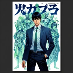 professionally drawn seinen mature cyberpunk detective horror action manga comic cover about hinduism buddhism reincarnation cyborgs, full color, beautifully drawn coherent professional, drawn by ilya kuvshinov, ilya kuvshinov, satoshi kon and tsutomu nihei. japanese script kanji hiragana on the cover. minimalist stylized cover art. blue green cel shaded