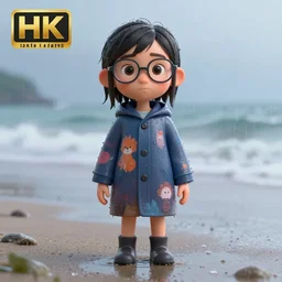 A young girl with glasses in a rainy beach, she is wearing a wet coat, designed by Peter Andrew Jones and Pixar, photorealistic, 3d render, award winning render, unreal engine, octane render, studio lighting, 8k, hd, Dustin Nguyen, Akihiko Yoshida, Greg Tocchini, Greg Rutkowski, Cliff Chiang