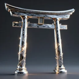 3 d photographic render of a torii gate sculpture made of liquid metal, chrometype, raytraced, hyper realistic, volumetric lightning, 8 k, by zhelong xu, ouchh and and innate studio