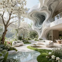 highly detailed villa garden natural beautiful light interior soft cinematic composition of a biophilic granite nebula fluid white magnolias surreal scifi architecture landscape, furniture, trees, grass, bed of flowers, water, vincent callebaut composition, 8 k, unreal engine, hdr