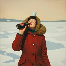 a woman in a parka drinking a bottle of coke in an icy landscape, constructivist, russian, soviet advertisement, 1 9 6 0's, by henri toulouse lautrec
