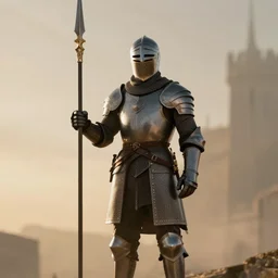 knight holding a polearm, photorealistic, warm lighting, epic