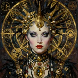 hyper realistic painting portrait of punk queen, occult diagram, elaborate details, detailed face, intrincate ornaments, gold decoration, occult art, oil painting, art noveau, in the style of roberto ferri, gustav moreau, jean delville, bussiere, andrew gonzalez