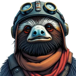 highly detailed colored ink illustration, full shot portrait of a steampunk dieselpunk mythpunk sloth wearing a helmet and a scarf, cinematic lighting, octane render, unreal engine, sharp focus, clean shaped illustration by kim jung gi, studio ghibli, ric estrada, ron english and eiichiro oda