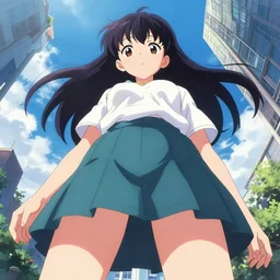 perspection art by wlop : upwards perspective : giant anime girl close to the camera