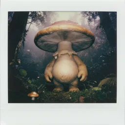 oversized troll goblin mushroom creature, in jungle forest peak, full body, nighttime, cinematic focus, polaroid photo, vintage, neutral dull colors, soft lights, foggy, overcast by oleg oprisco, by thomas peschak, by discovery channel, by victor enrich, by gregory crewdson