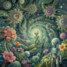 alien landscape by simon stalenhag, beeple, makoto shinkai, digital painting, fibonacci, trending on artstation, mandelbrot, beautiful, weird, another universe, alien foliage plants, alien flowers, robot