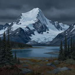 illustration of an alaskan wildness just before darkness, greg rutkowski
