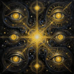 astral music oil painting of abstract surrealist forms by yvonne mcgillivray by mandy jurgens by michael divine, powerful eyes glowing highly detailed painting, spiritual abstract forms, symmetrical, trending on art station, abstract emotional, very beautiful, fantasy digital art, highly detailed patterned visionary art, magic symbols, by michael divine, cosmic nebula, black gold color scheme