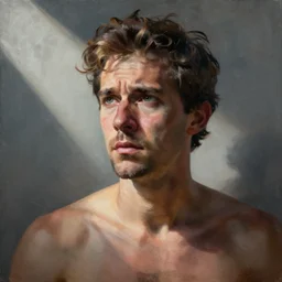 a painting of an extremely concerned artist by rj palmer