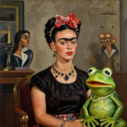 realistic interiour scene with Frida Kahlo, Pablo Picasso and Pepethe frog, jewels, painting, beautiful lighting, frog, pepe, frida, in the style of Caravaggio,