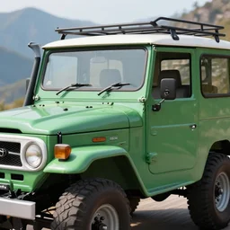 closeup of a green Toyota Fj43 build in 1981, traveling through the mountains, black roof, with a roof rack, detailed, 8K, octane render, 8K,