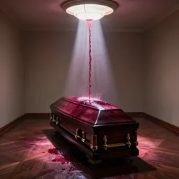 a room with a coffin in the middle, flooding with red wine. shaft of light shines down from above