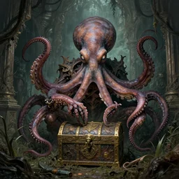 biomechanical creature with big octopus head and ( glowing ) eyes guarding an ancient chest in a mystic swamp, gothic and baroque, brutalist architecture, ultradetailed, intricate by ellen jewett and josan gonzalez and giuseppe arcimboldo