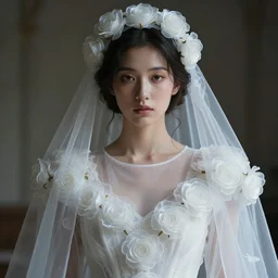 hight focus f - 2 2, 8 5 mm, iso 1 0 0 : a wonderful realistic focused mid portrait of a lonely woman with a detailed wonderful symmetrical face who is dressed with a wonderful, majestic, large semi transparent white cotton dress ornate with semi transparent cotton roses and semi transparent white veils, dramatic light, octane render, by roberto ferri style, - 8 k