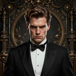 portrait of arrogant powerful young man with black tuxedo, by greg rutkowski, by zdzislaw beksinski, very detailed, ornate, intricate, octane render, dark color lighting, volumetric lighting, 8 5 mm