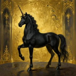 a black unicorn in a gold haunted liminal room, digital painting by goya, colors by pontormo, lights by hopper, extreme detail, liminal aesthetic, background art nouveau