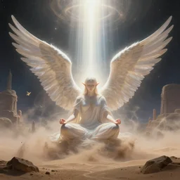 elven angel meditating in space, halo, light shafts, wisps, sandstorm, light diffusion, godly, ascending, by moebius, digital art, beautiful, sacred, holy, surreal, fantasy art, oasis, by durer, durer, fairies, surreal alien kingdom, ancient civilization, alien language, space civlization