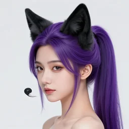 a woman with black fox ears, and a fox nose, she has purple hair tied up in to a ponytail, she has orange tanned skin, and is wearing a black dress. painted artwork by william - adolphe bouguereau, furry art, fur - affinity, deviant art