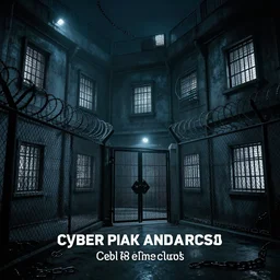 cyberpunk futuristic prison, prison complex, dark, barbed wire fence, barred windows, moody atmosphere, chains, police lights, ultra - realistic, night photography, artstation award