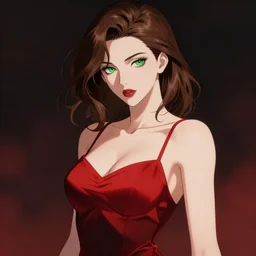 gorgeous woman with brown hair and green eyes, wearing a camisole, perfect body red and black color palette, in the style of and ilya kuvshinov and greg rutkowski, high quality anime artstyle, intricate
