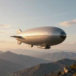a cyberpunk zeppelin airship is flying high in the sky above the mountains, epic, surreal, cinematic shot, golden hour, artstation, deviantart, dreamy atmosphere, high definition