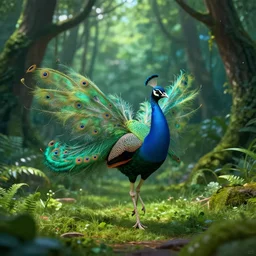 peacock fairy dancing in a lush green forest, cinematic lights, octane render, high detail, trending on artstation