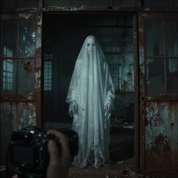 photo of a ghost woman, silent hill, highly detailed environment, haunted building, found footage, low quality camera, dark colors, industrial setting, rusty, lost footage, disturbing, horror, fear, bad camera, old footage, hyperrealism, movie, movie screengrab, body horror, omnious